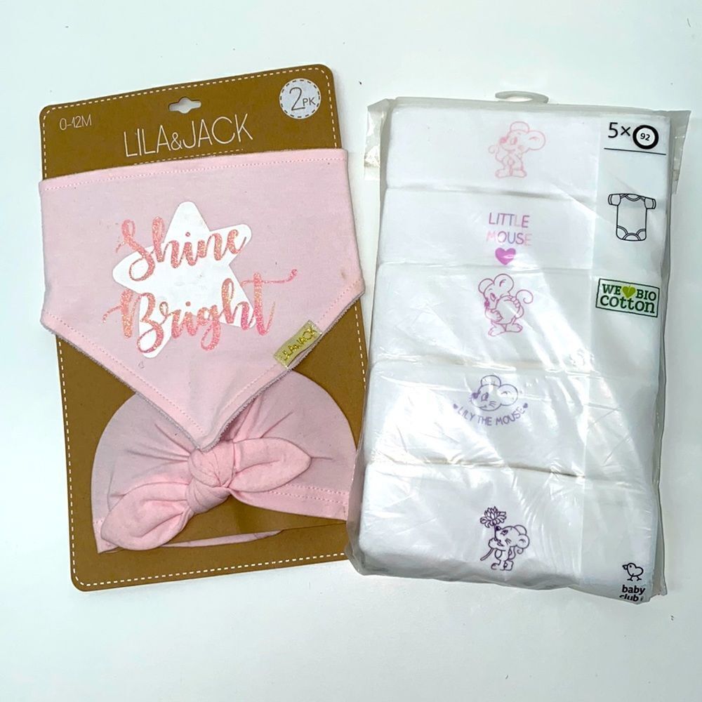 🔥baby club We Bio cotton 5 pc short sleeve & turban hat set girl baby